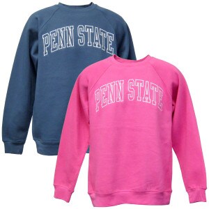 indigo and pink crew neck sweatshirts with outlined Penn State